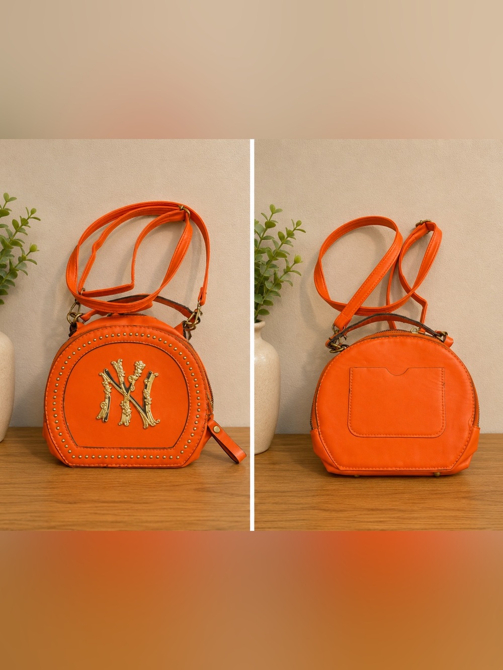 Orange Round Crossbody Bag with Gold Accent